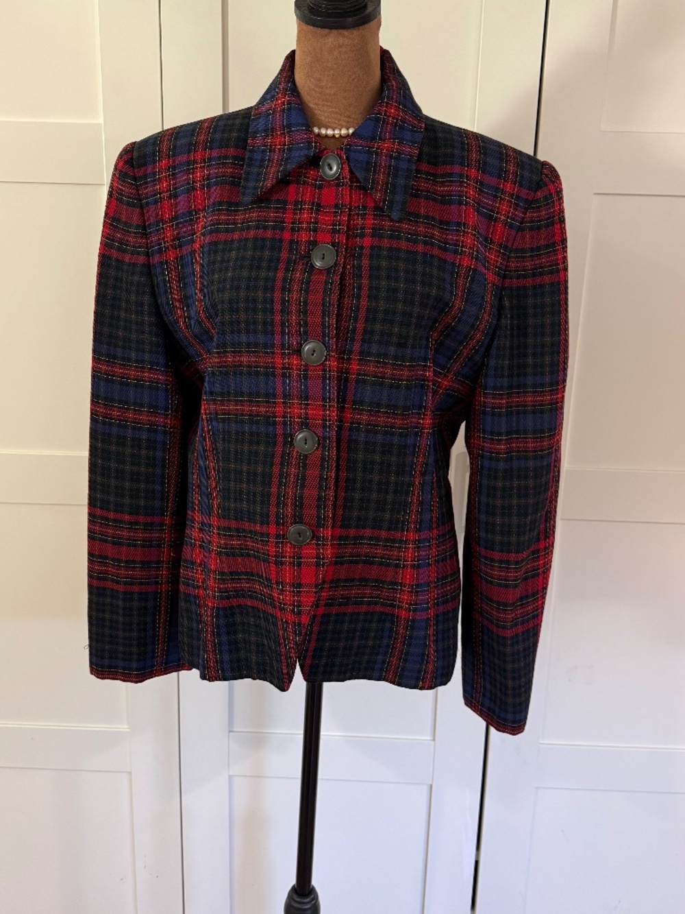 VTG Linda Allard Ellen Tracy 100% Wool Plaid Blazer Jacket Size 12 Red Blue